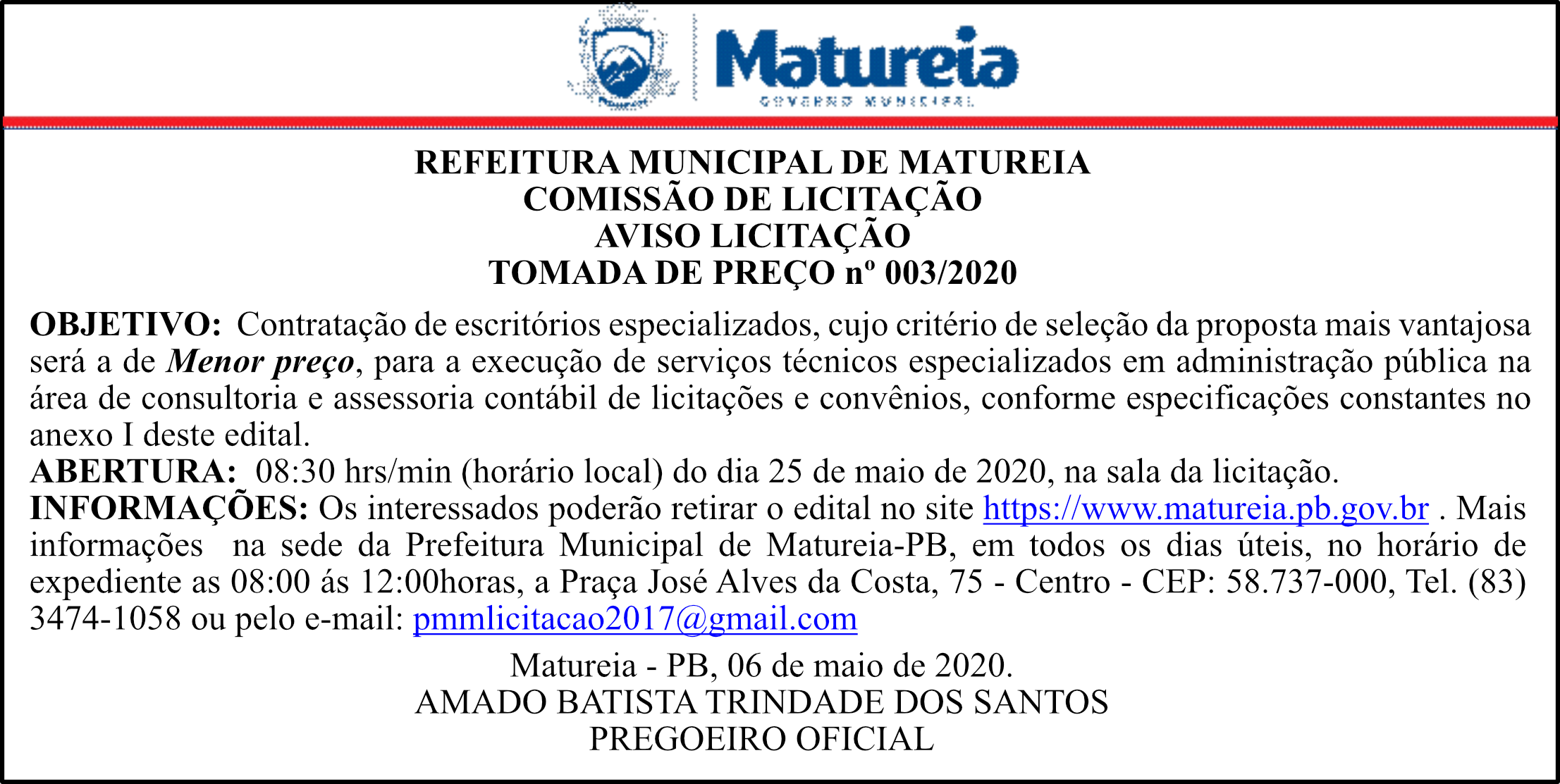 PREFEITURA MUNICIPAL DE MATUREIA – COMISSÃO DE LICITAÇÃO – AVISO LICITAÇÃO – TOMADA DE PREÇO Nº 003/2020