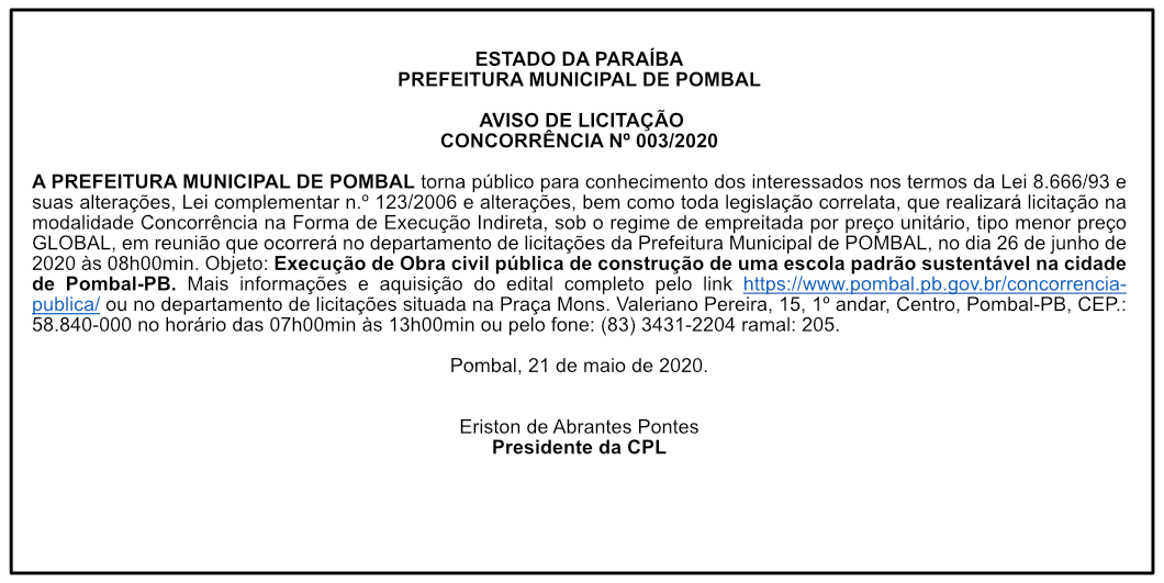 PREFEITURA MUNICIPAL DE POMBAL – AVISO DE LICITAÇÃO – CONCORRÊNCIA Nº 003/2020