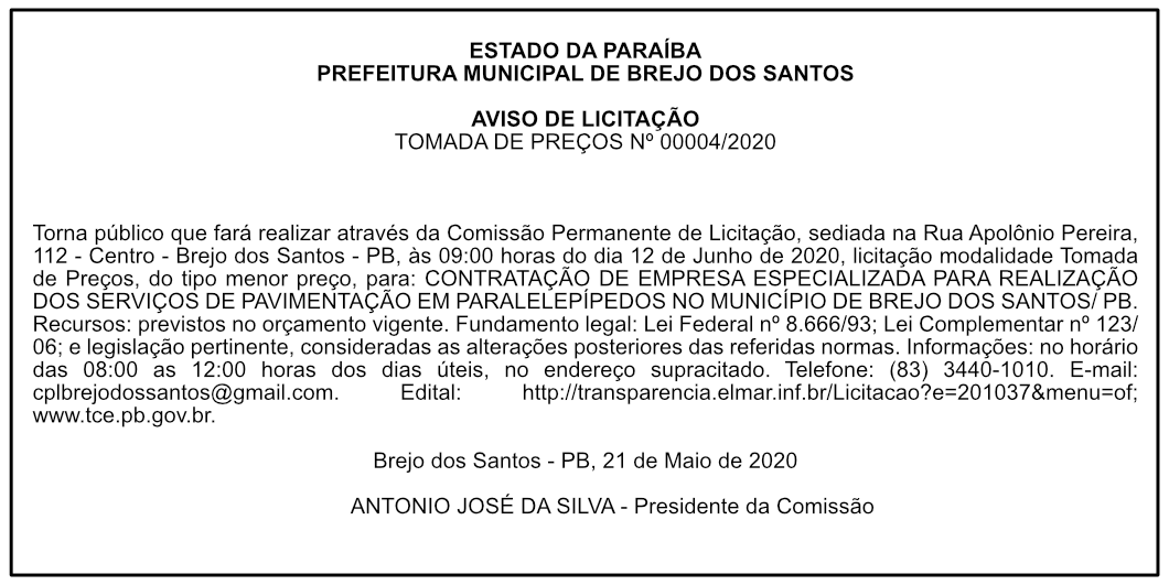 PREF. MUN. DE BREJO DOS SANTOS – AVISO DE LICITAÇÃO – TP 004/2020