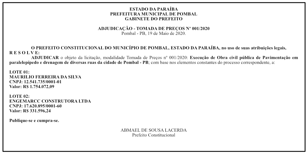 PREFEITURA MUNICIPAL DE POMBAL – ADJUDICAÇÃO – TOMADA DE PREÇOS Nº 001/2020
