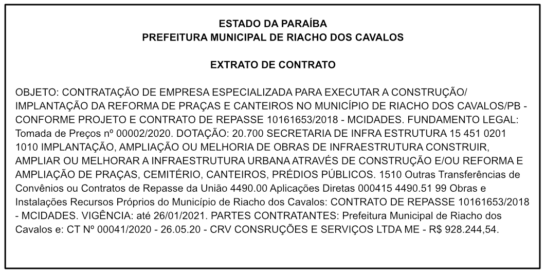 PREF. MUN. RIACHO DOS CAVALOS – EXTRATO DE CONTRATO – TP 002/2020