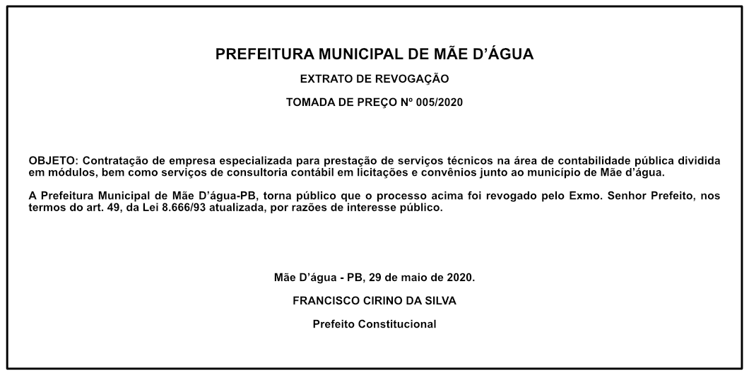 PREFEITURA MUNICIPAL DE MÃE D’ÁGUA –  EXTRATO DE REVOGAÇÃO – TOMADA DE PREÇO Nº 005/2020