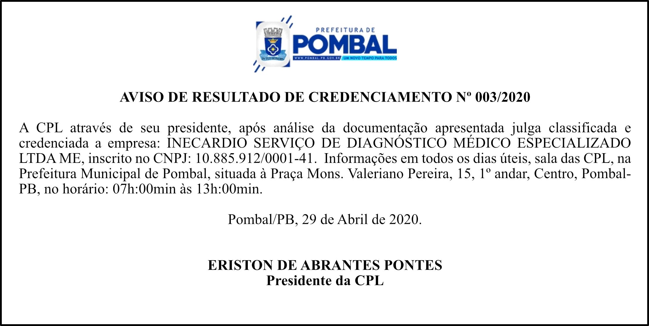 PREF. MUN. DE POMBAL – AVISO DE RESULTADO DE CREDENCIAMENTO Nº 003/2020