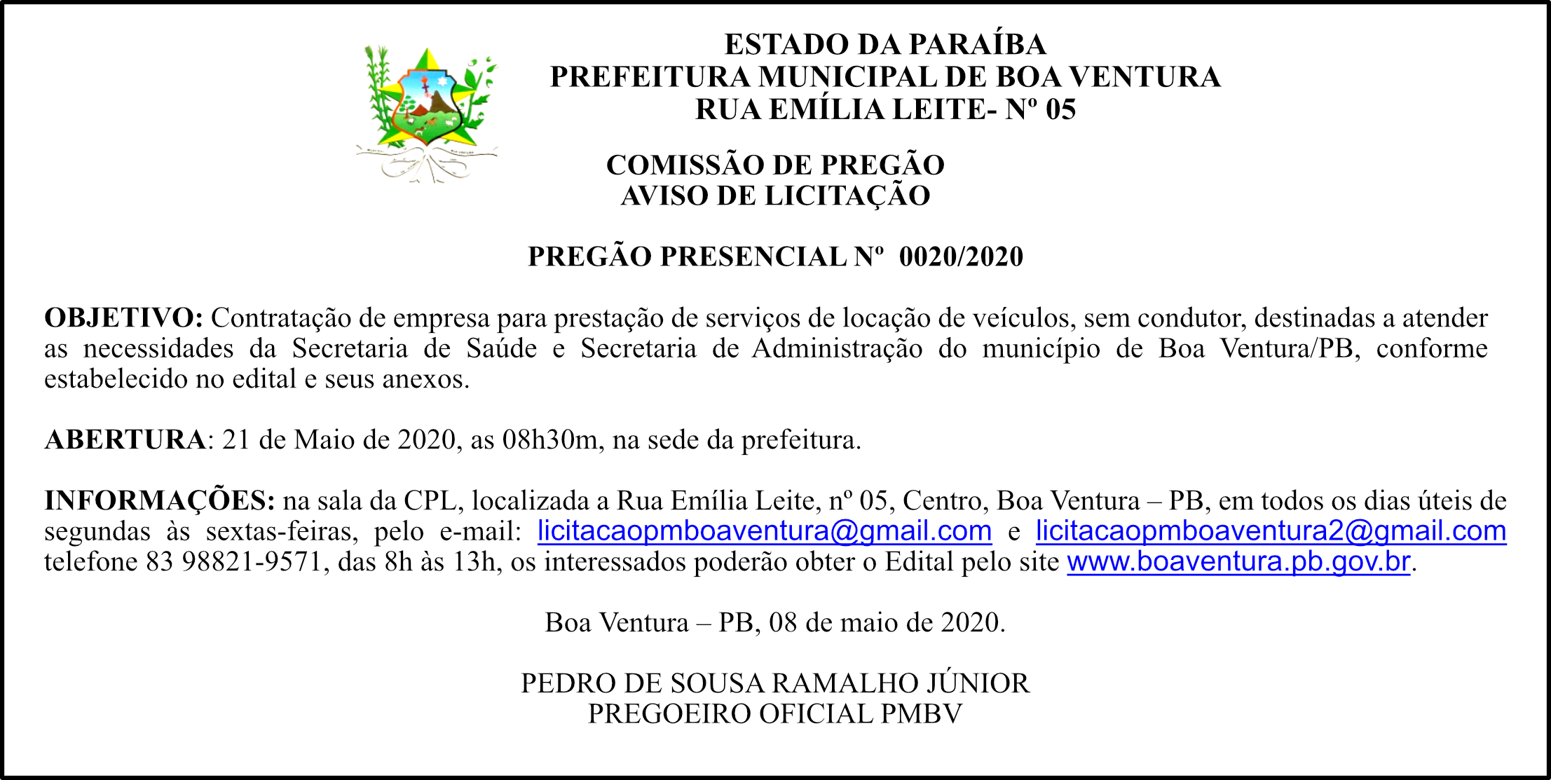 PREFEITURA MUNICIPAL DE BOA VENTURA – AVISO DE LICITAÇÃO – PREGÃO PRESENCIAL Nº  0020/2020