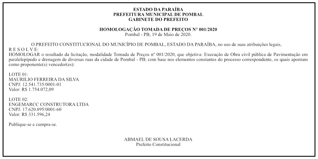 PREFEITURA MUNICIPAL DE POMBAL – HOMOLOGAÇÃO TOMADA DE PREÇOS N° 001/2020