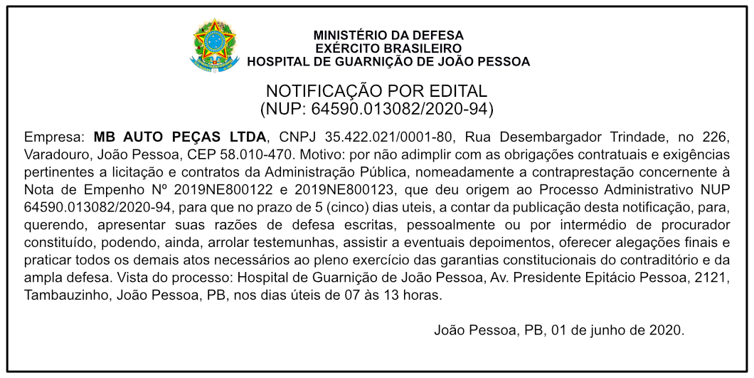 HOSPITAL DE GUARNIÇÃO DE JOÃO PESSOA – NOTIFICAÇÃO POR EDITAL – (NUP: 64590.013082/2020-94)