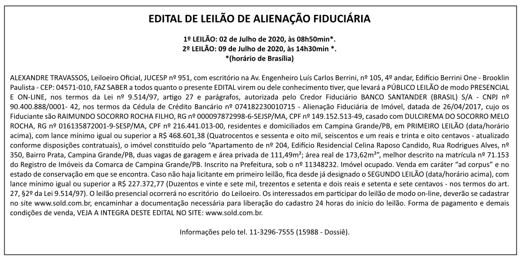EDITAL DE LEILÃO DE ALIENAÇÃO FIDUCIÁRIA