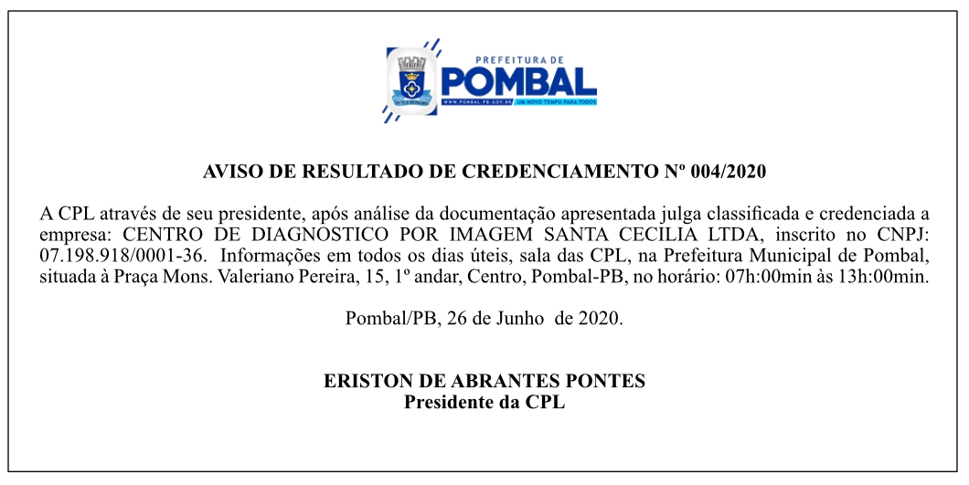 PREFEITURA MUNICIPAL DE POMBAL – AVISO DE RESULTADO DE CREDENCIAMENTO Nº 004/2020