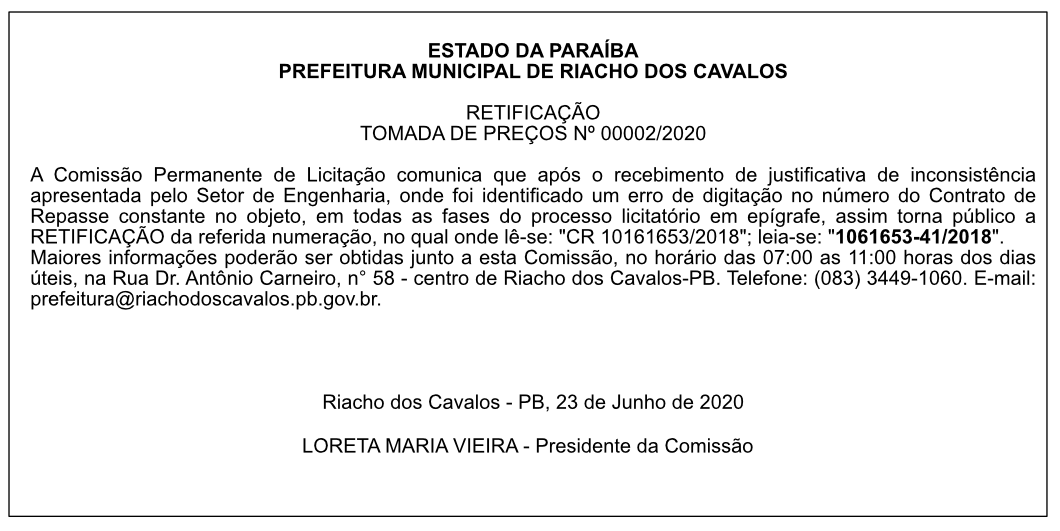 PREFEITURA MUNICIPAL DE RIACHO DOS CAVALOS – RETIFICAÇÃO – TOMADA DE PREÇOS Nº 00002/2020