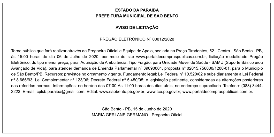 PREFEITURA MUNICIPAL DE SÃO BENTO – AVISO DE LICITAÇÃO – PREGÃO ELETRÔNICO Nº 00012/2020