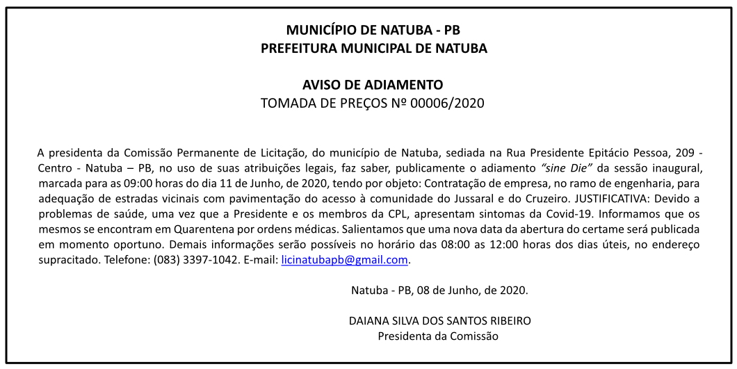 PREFEITURA MUNICIPAL DE NATUBA – TOMADA DE PREÇOS Nº 00006/2020