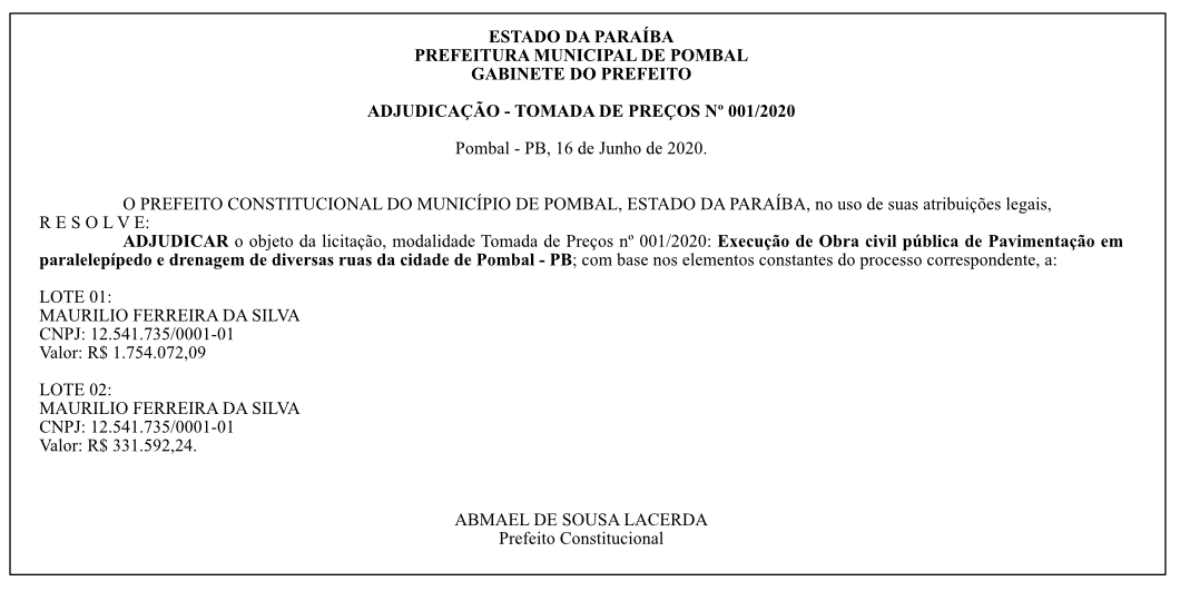 PREFEITURA MUNICIPAL DE POMBAL  – ADJUDICAÇÃO – TOMADA DE PREÇOS Nº 001/2020