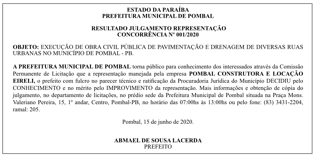PREFEITURA MUNICIPAL DE POMBAL – RESULTADO JULGAMENTO REPRESENTAÇÃO – CONCORRÊNCIA Nº 001/2020