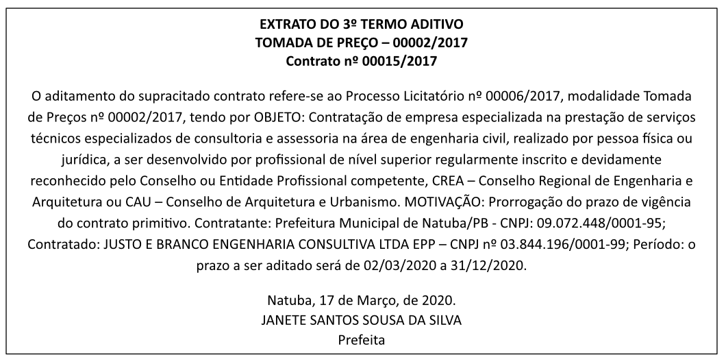 PREFEITURA MUNICIPAL DE NATUBA – EXTRATO DO 3º TERMO ADITIVO – TOMADA DE PREÇO – 00002/2017
