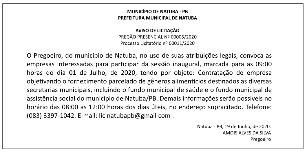 PREFEITURA MUNICIPAL DE NATUBA – AVISO DE LICITAÇÃO – PREGÃO PRESENCIAL Nº 00005/2020