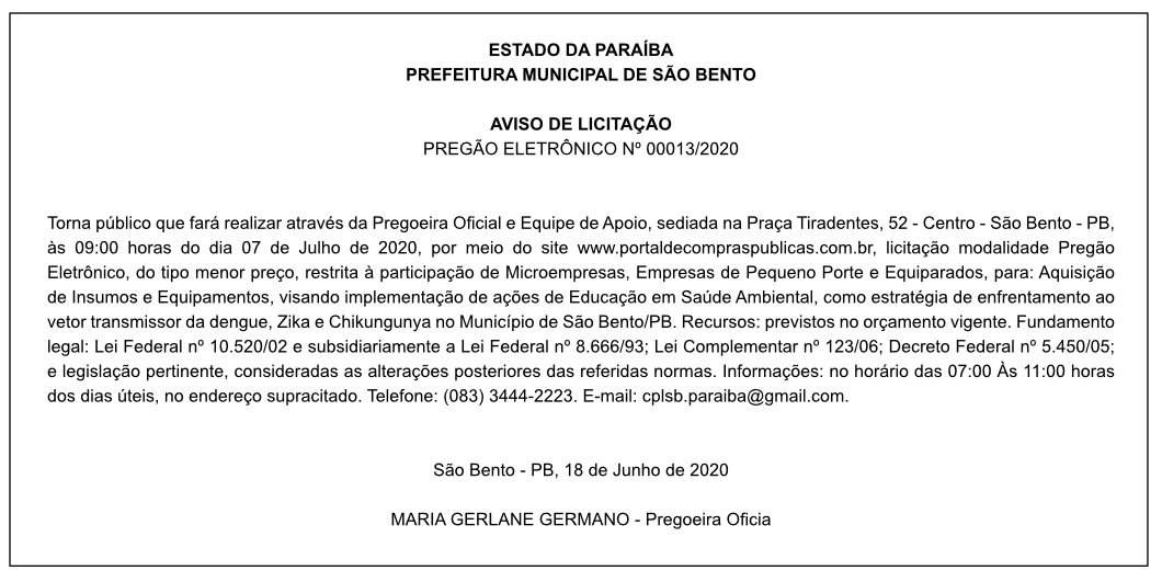 PREFEITURA MUNICIPAL DE SÃO BENTO – AVISO DE LICITAÇÃO – PREGÃO ELETRÔNICO Nº 00013/2020