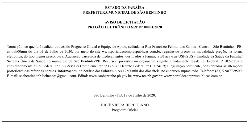 PREFEITURA MUNICIPAL DE SÃO BENTINHO – AVISO DE LICITAÇÃO – PREGÃO ELETRÔNICO SRP Nº 00001/2020