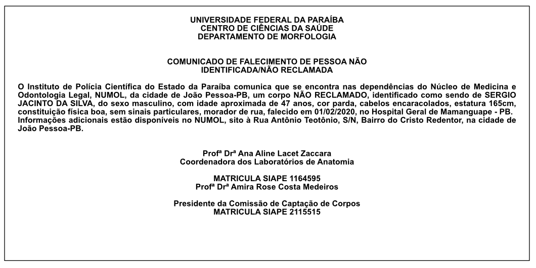 UFPB – CENTRO DE CIÊNCIAS DA SAÚDE – COMUNICADO DE FALECIMENTO DE PESSOA NÃO IDENTIFICADA/NÃO RECLAMADA