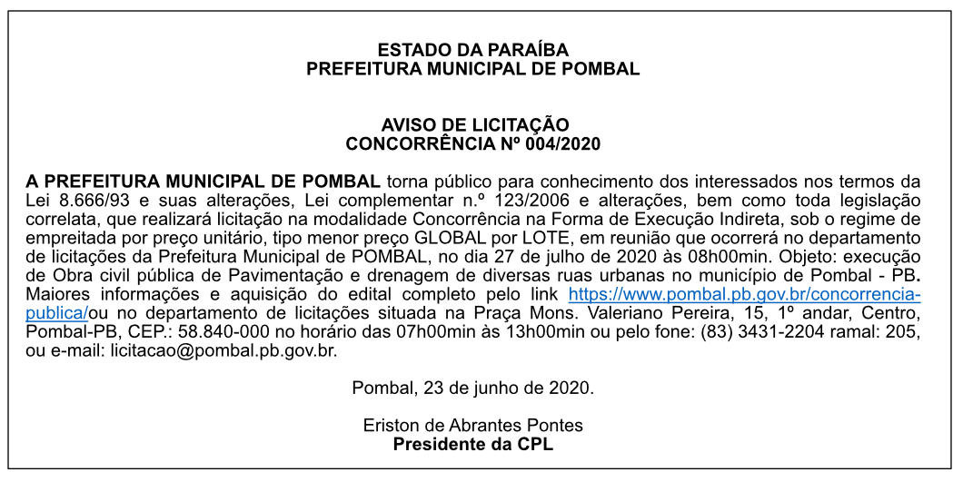 PREFEITURA MUNICIPAL DE POMBAL – AVISO DE LICITAÇÃO – CONCORRÊNCIA Nº 004/2020