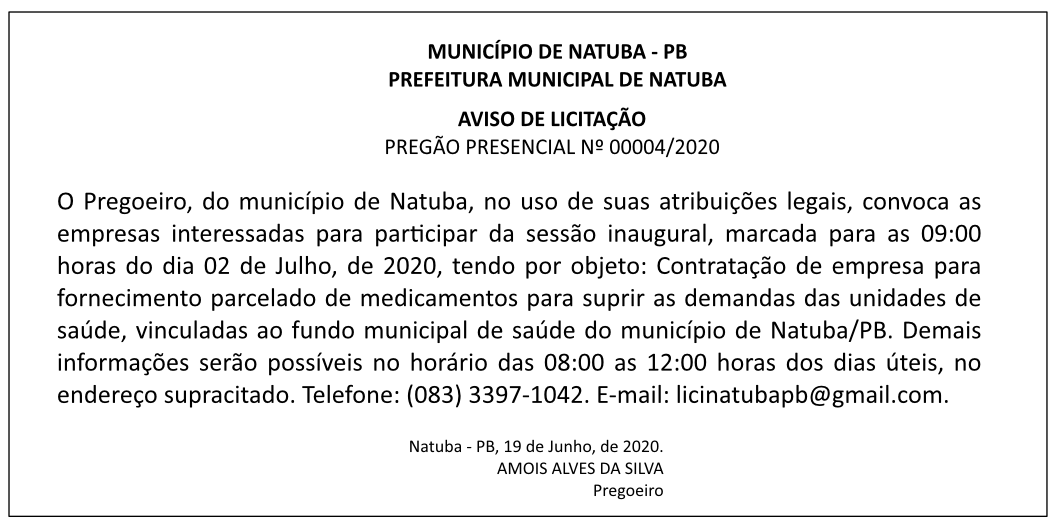 PREFEITURA MUNICIPAL DE NATUBA – AVISO DE LICITAÇÃO – PREGÃO PRESENCIAL Nº 00004/2020