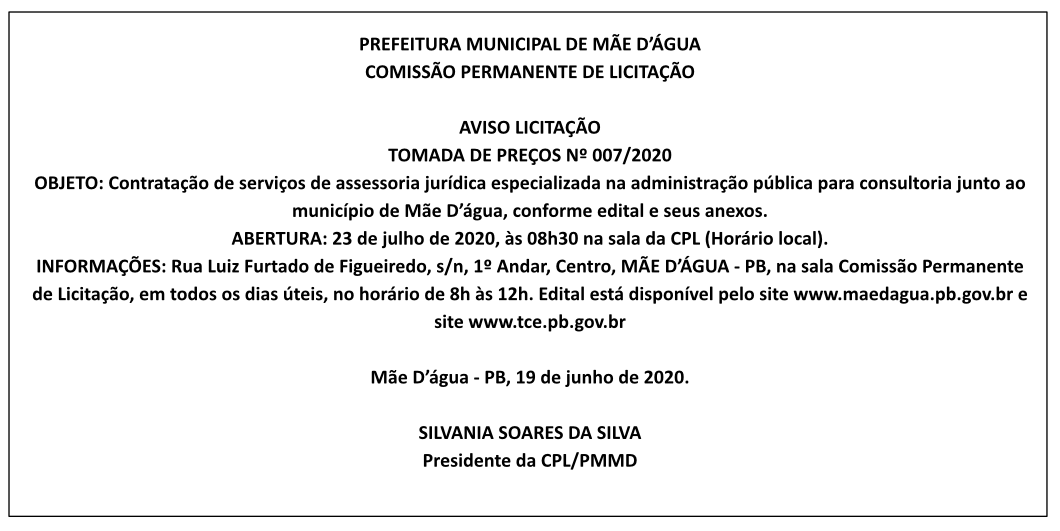 PREFEITURA MUNICIPAL DE MÃE D’ÁGUA – AVISO LICITAÇÃO TOMADA DE PREÇOS Nº 007/2020