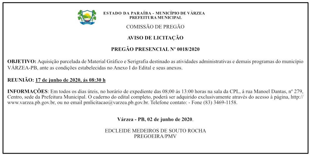 PREFEITURA MUNICIPAL DE VÁRZEA – PREGÃO PRESENCIAL 0018/2020