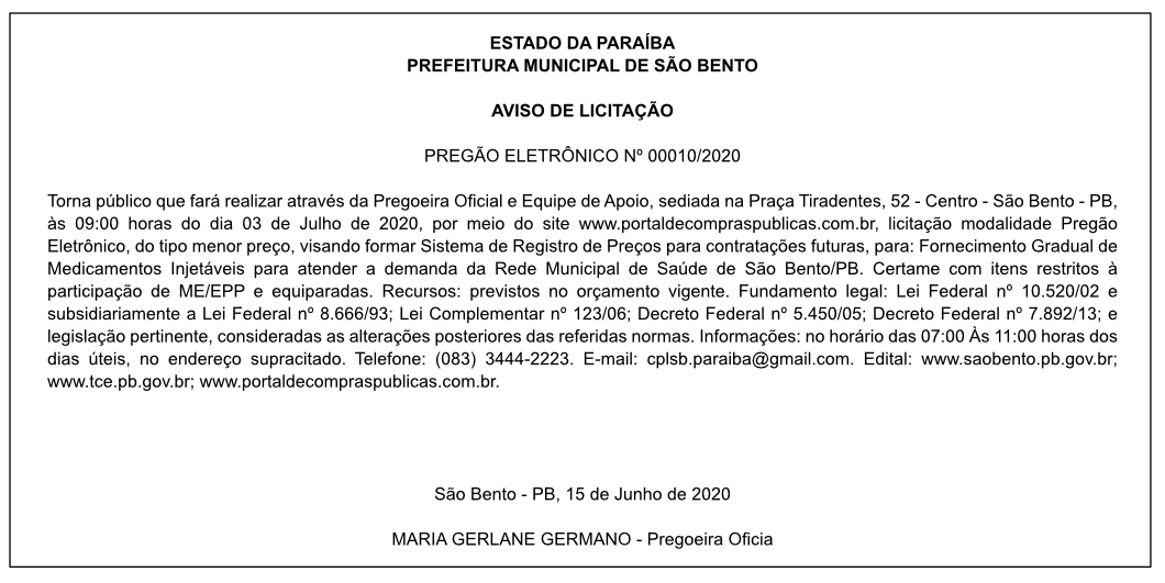 PREFEITURA MUNICIPAL DE SÃO BENTO – AVISO DE LICITAÇÃO – PREGÃO ELETRÔNICO Nº 00010/2020