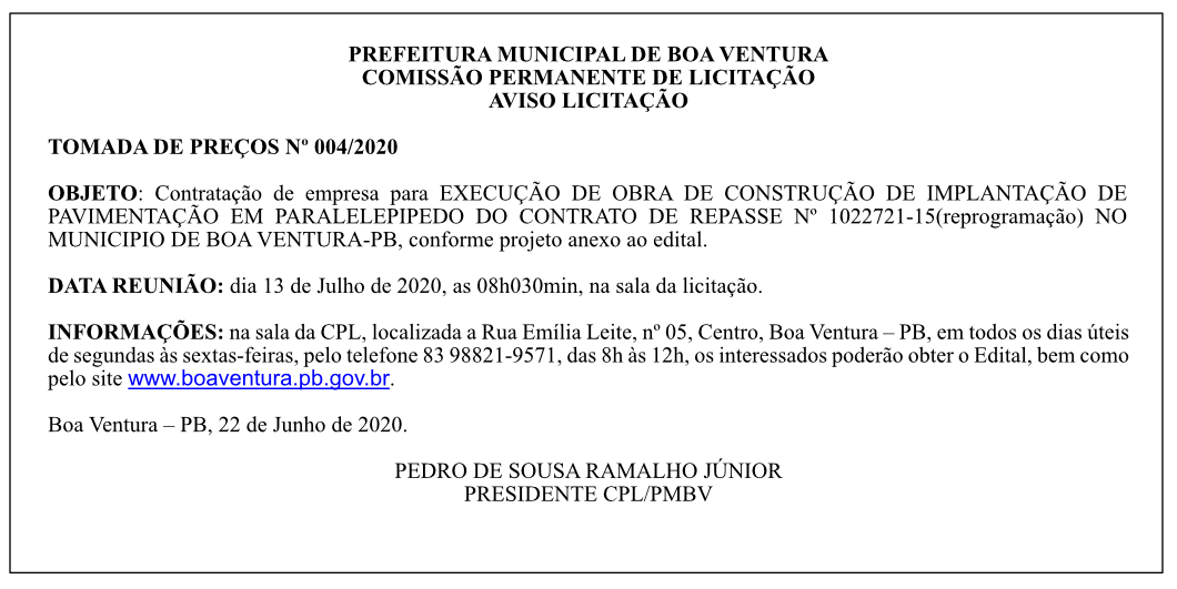 PREFEITURA MUNICIPAL DE BOA VENTURA – AVISO LICITAÇÃO – TOMADA DE PREÇOS Nº 004/2020