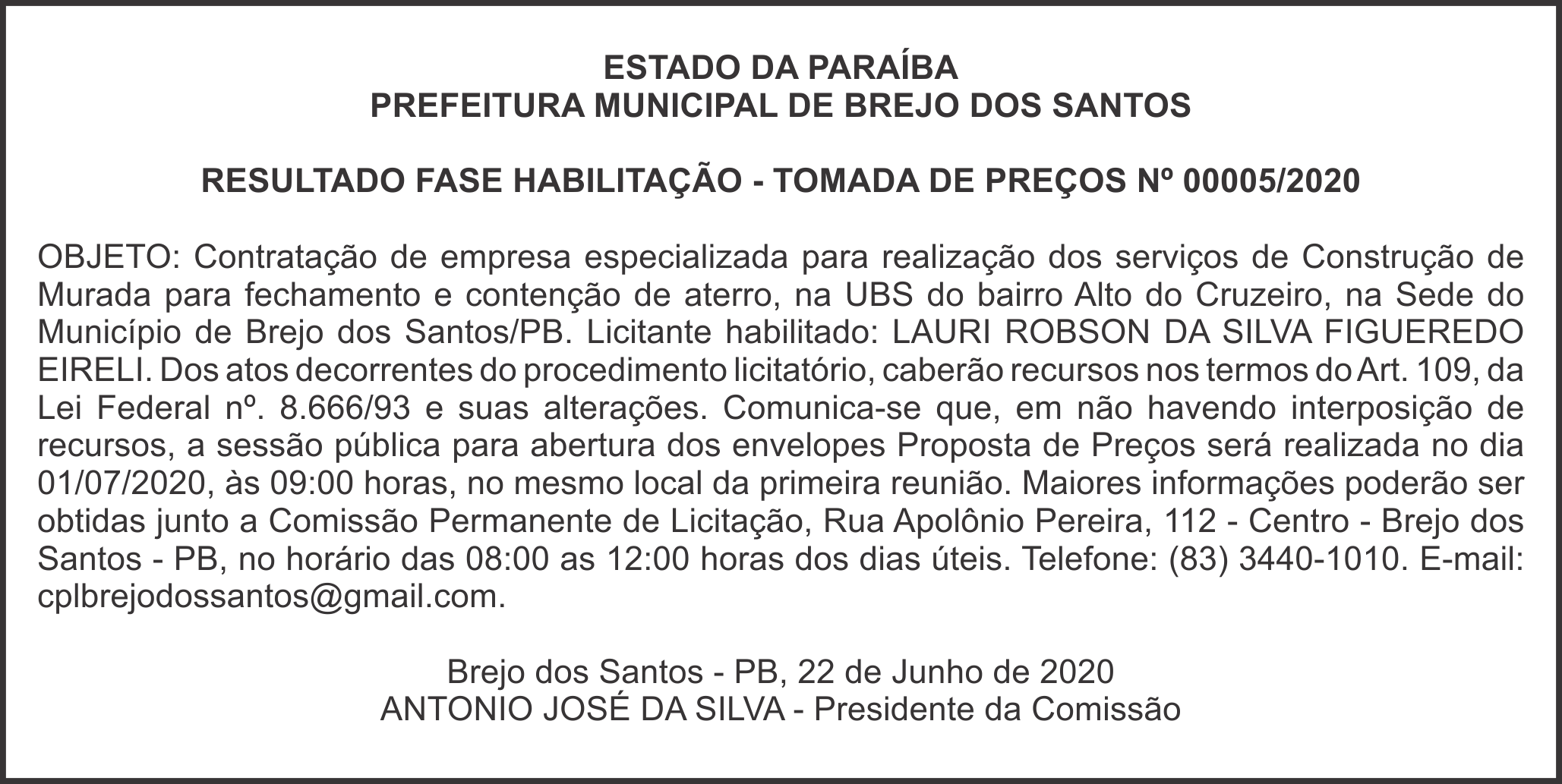 PREFEITURA MUNICIPAL DE BREJO DOS SANTOS – RESULTADO FASE HABILITAÇÃO – TOMADA DE PREÇOS Nº 00005/2020
