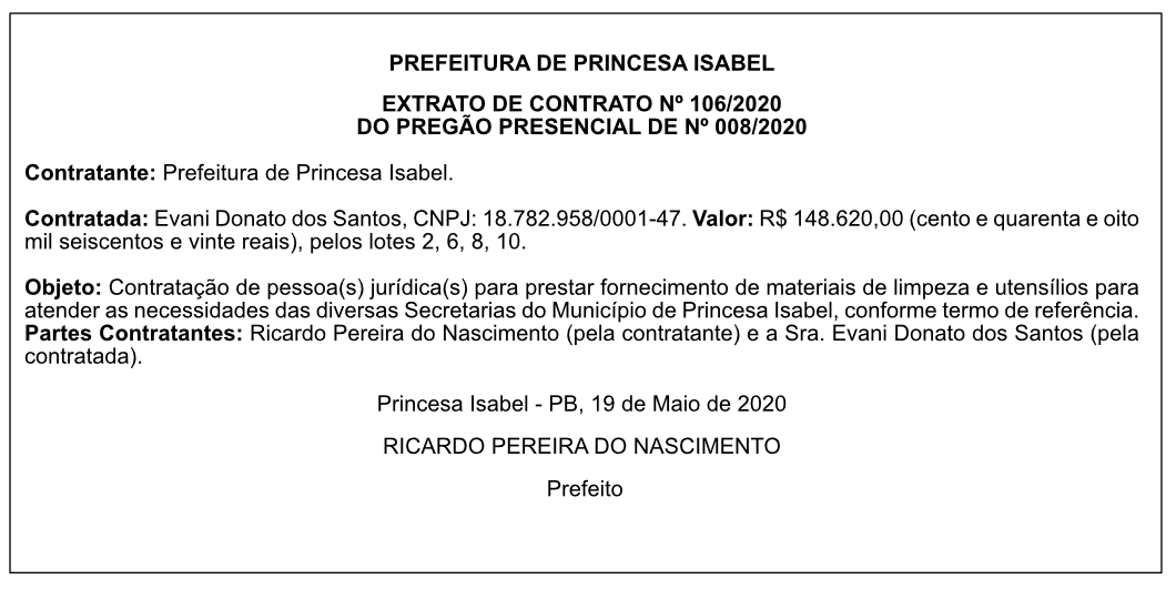 PREF. MUN. DE PRINCESA ISABEL – EXTRATO DE CONTRATO 106/2020 – PREGÃO PRESENCIAL 008/2020