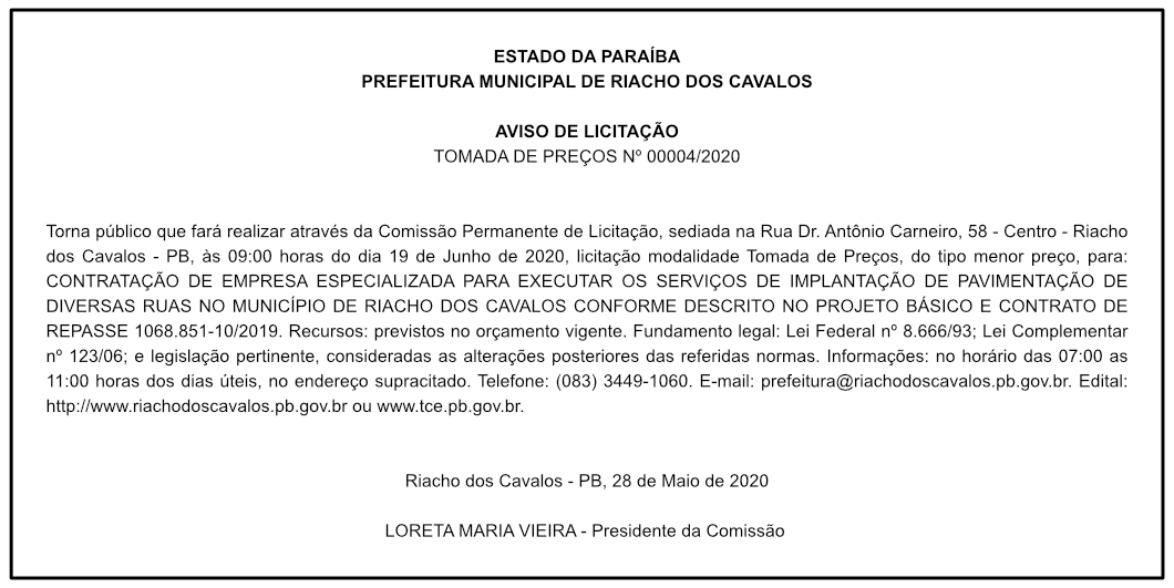 PREFEITURA MUNICIPAL DE RIACHO DOS CAVALOS – TOMADA DE PREÇOS 00004/2020
