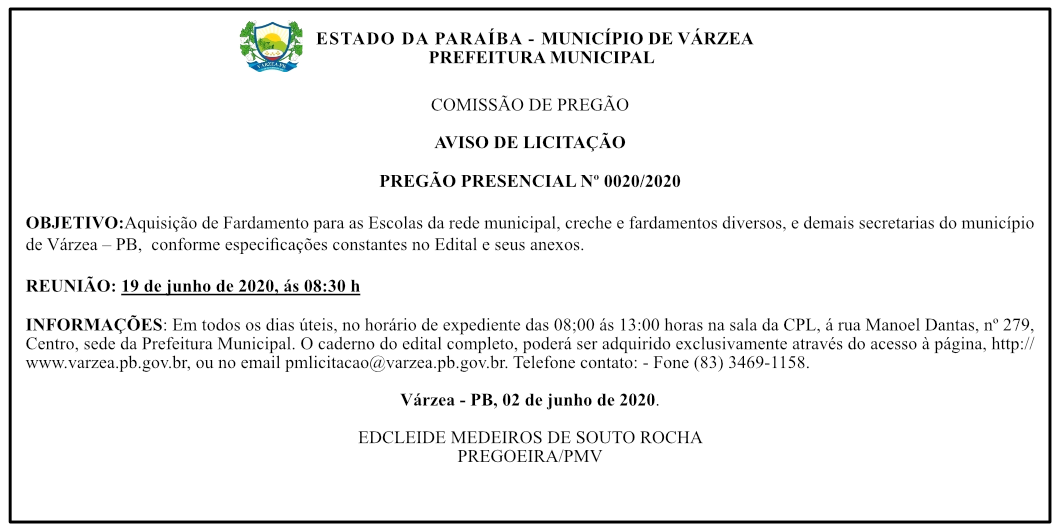 PREFEITURA MUNICIPAL DE VÁRZEA – PREGÃO PRESENCIAL 0020/2020