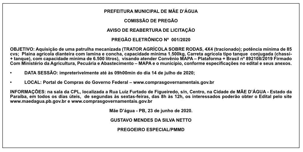 PREFEITURA MUNICIPAL DE MÃE D’ÁGUA – AVISO DE REABERTURA DE LICITAÇÃO – PREGÃO ELETRÔNICO Nº  001/2020