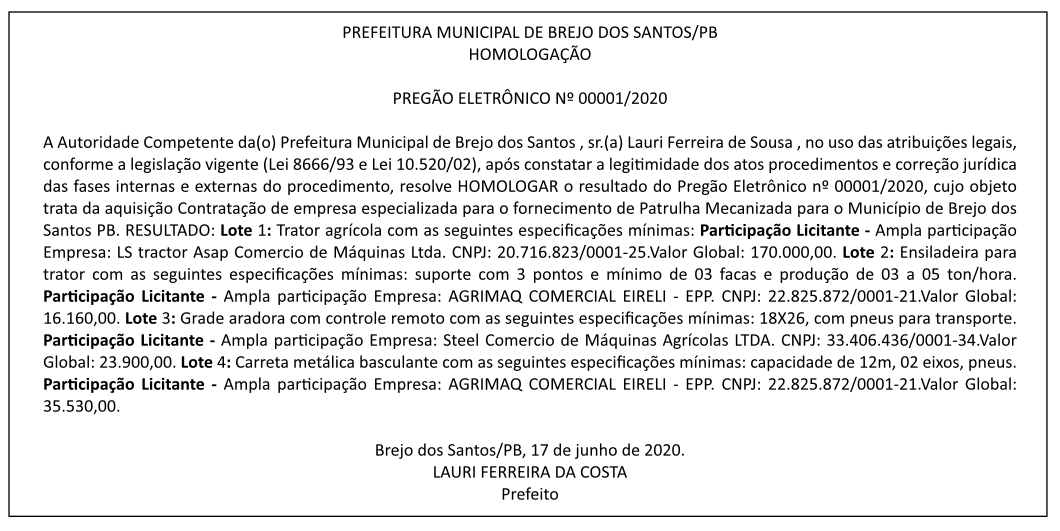 PREFEITURA MUNICIPAL DE BREJO DOS SANTOS – HOMOLOGAÇÃO – PREGÃO ELETRÔNICO No 00001/2020