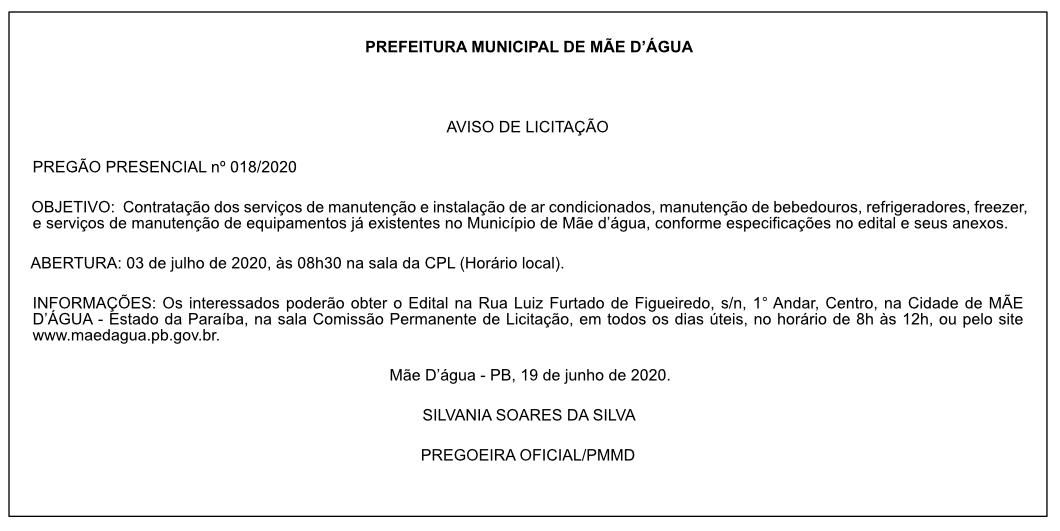 PREFEITURA MUNICIPAL DE MÃE D’ÁGUA – AVISO DE LICITAÇÃO – PREGÃO PRESENCIAL nº 018/2020