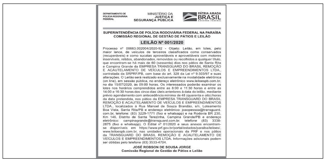 DEPARTAMENTO DE POLÍCIA RODOVIÁRIA FEDERAL – LEILÃO No 001/2020