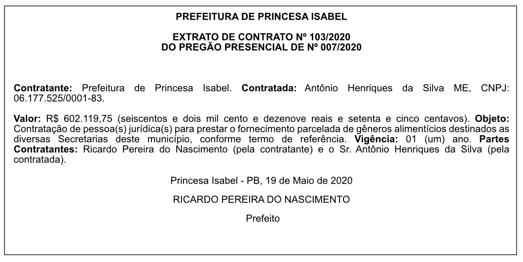PREF. MUN. DE PRINCESA ISABEL – EXTRATO DE CONTRATO 103/2020 – PREGÃO PRESENCIAL 007/2020