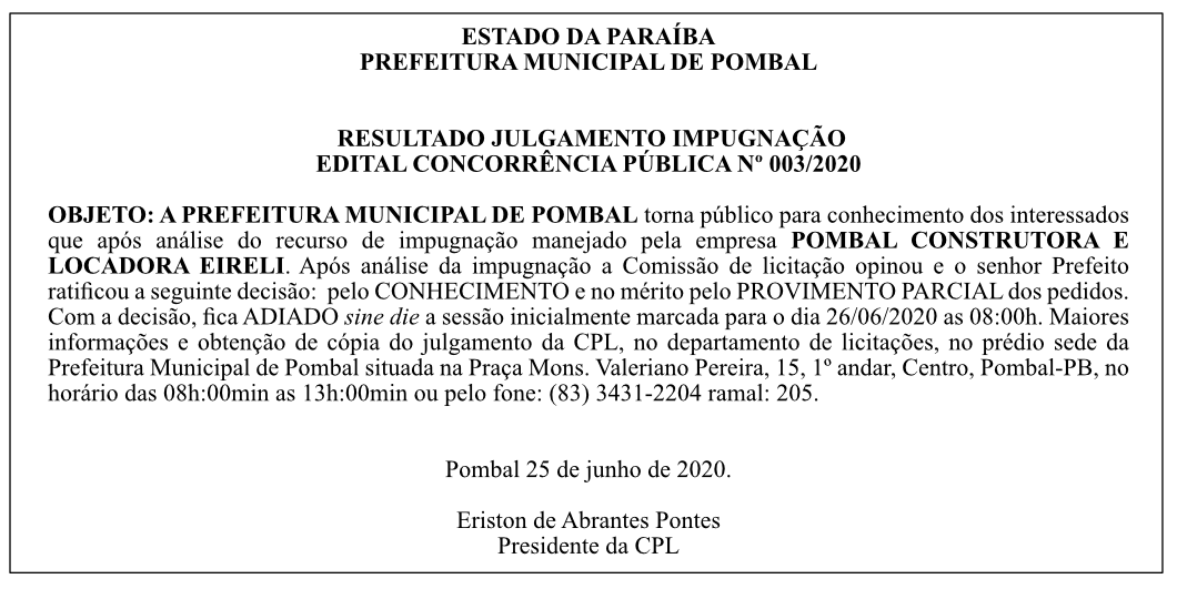 PREFEITURA MUNICIPAL DE POMBAL – EDITAL CONCORRÊNCIA PÚBLICA Nº 003/2020