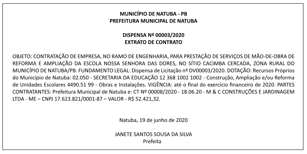 PREFEITURA MUNICIPAL DE NATUBA – DISPENSA Nº 00003/2020 – EXTRATO DE CONTRATO