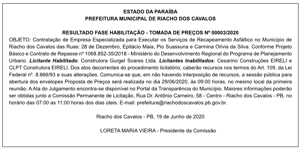 PREFEITURA MUNICIPAL DE RIACHO DOS CAVALOS – RESULTADO FASE HABILITAÇÃO – TOMADA DE PREÇOS Nº 00003/2020