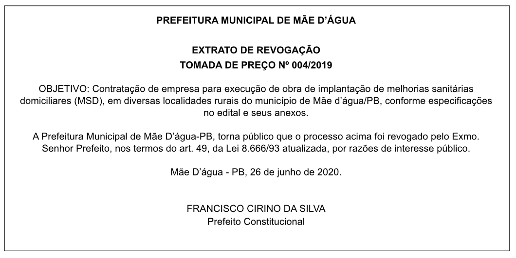 PREFEITURA MUNICIPAL DE MÃE D’ÁGUA – EXTRATO DE REVOGAÇÃO – TOMADA DE PREÇO Nº 004/2019