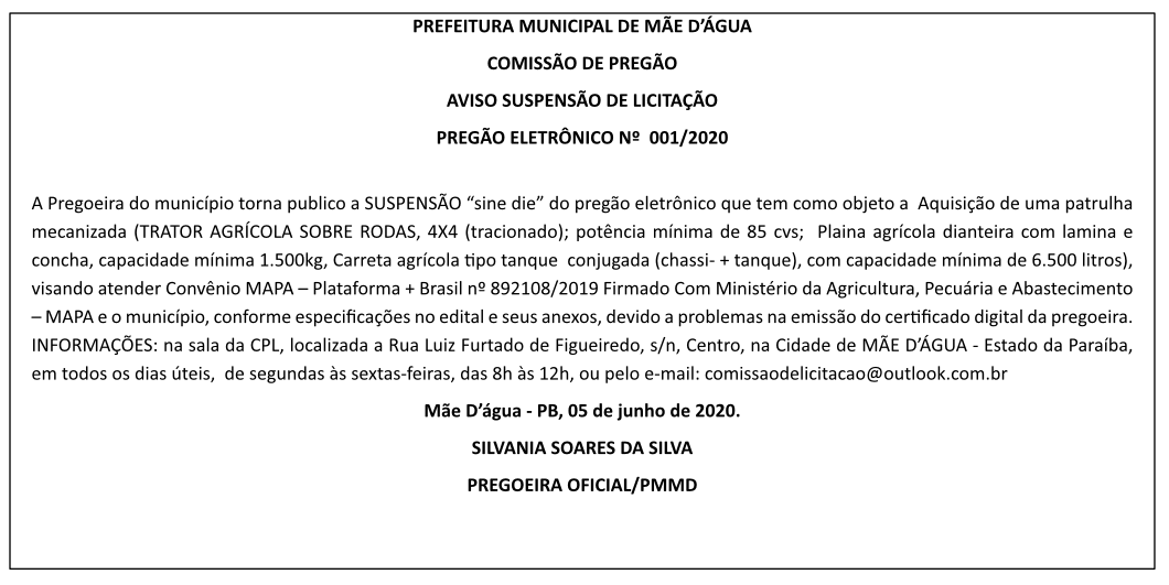 PREFEITURA MUNICIPAL DE MÃE D’ÁGUA – AVISO SUSPENSÃO DE LICITAÇÃO – PREGÃO ELETRÔNICO Nº  001/2020