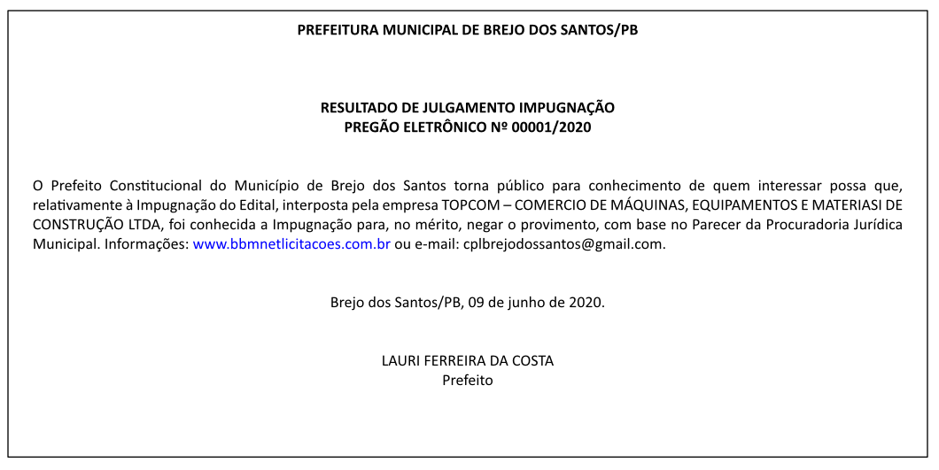 PREFEITURA MUNICIPAL DE BREJO DOS SANTOS – PREGÃO ELETRÔNICO N 00001/2020