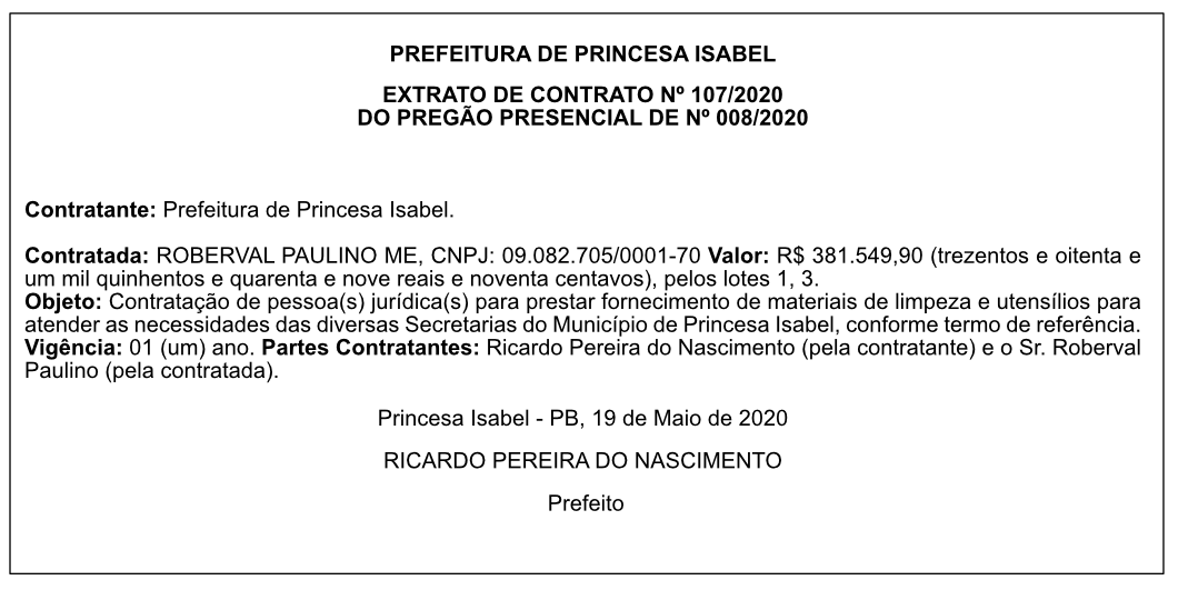 PREF. MUN. DE PRINCESA ISABEL – EXTRATO DE CONTRATO 107/2020 – PREGÃO PRESENCIAL 008/2020
