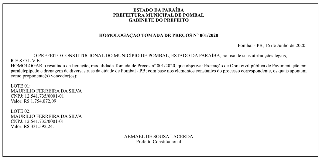 PREFEITURA MUNICIPAL DE POMBAL – HOMOLOGAÇÃO TOMADA DE PREÇOS N° 001/2020