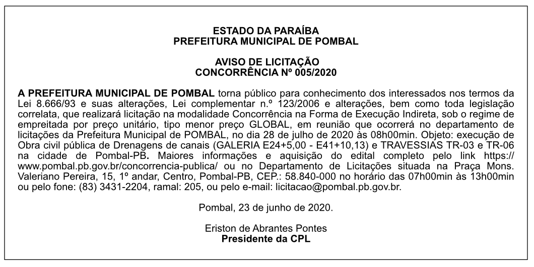 PREFEITURA MUNICIPAL DE POMBAL – AVISO DE LICITAÇÃO – CONCORRÊNCIA Nº 005/2020