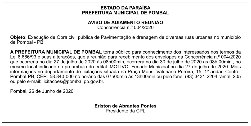 PREFEITURA MUNICIPAL DE POMBAL – AVISO DE ADIAMENTO REUNIÃO – CONCORRÊNCIA Nº 004/2020