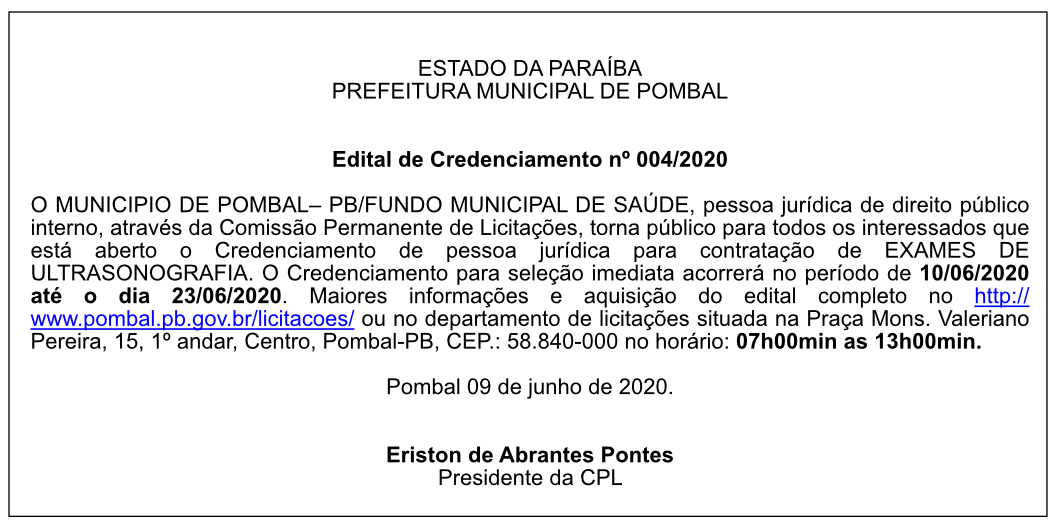 PREFEITURA MUNICIPAL DE POMBAL – EDITAL DE CREDENCIAMENTO Nº 004/2020