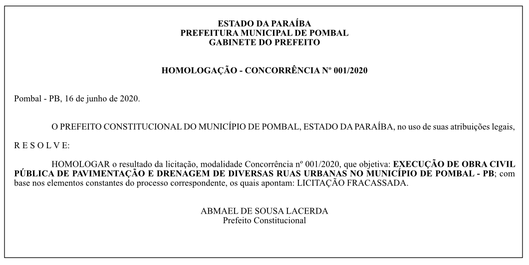 PREFEITURA MUNICIPAL DE POMBAL – HOMOLOGAÇÃO – CONCORRÊNCIA Nº 001/2020