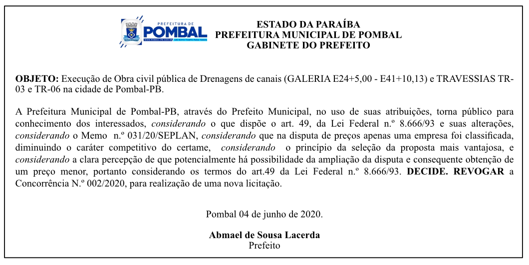 PREFEITURA MUNICIPAL DE POMBAL –  AVISO DE REVOGAÇÃO – CONCORRÊNCIA N.º 002/2020